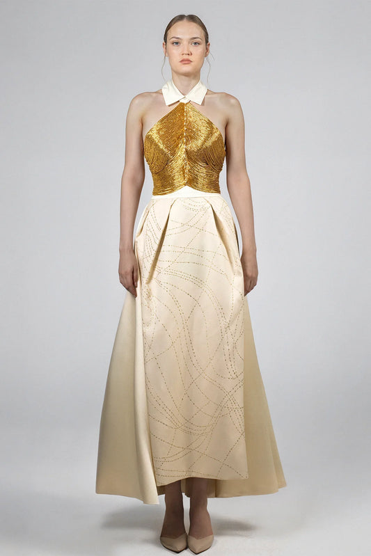 Halter-Neck Evening Dress with Sequined Bodice