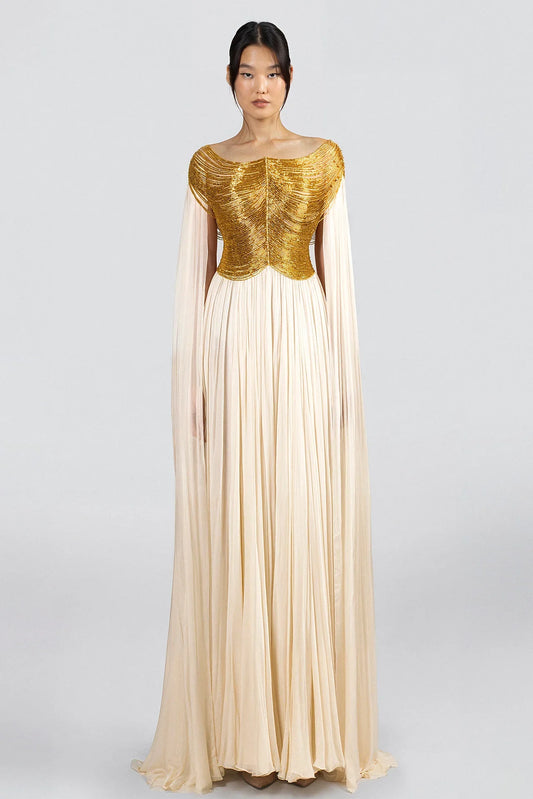 Embroidered Bodice Dress with Cape Sleeves