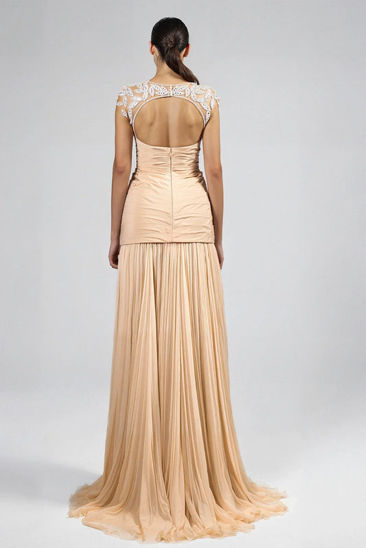Embroidered Cap Sleeve Top with Pleated Skirt