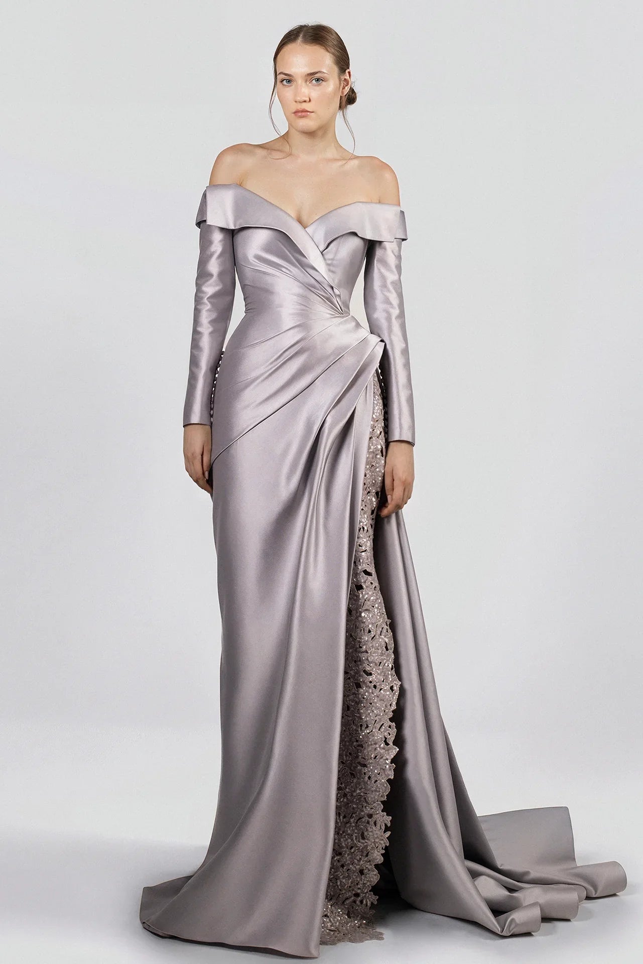 Off-Shoulder Dress with Embroidered Slit
