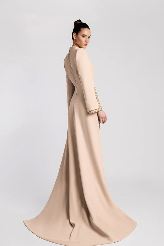 Embroidered Skirt Evening Dress with Cape Sleeves