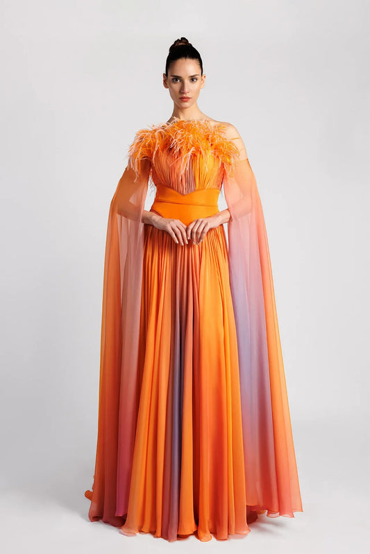 Pleated Off-the-Shoulder Evening Dress with Cape Sleeves and Feathers