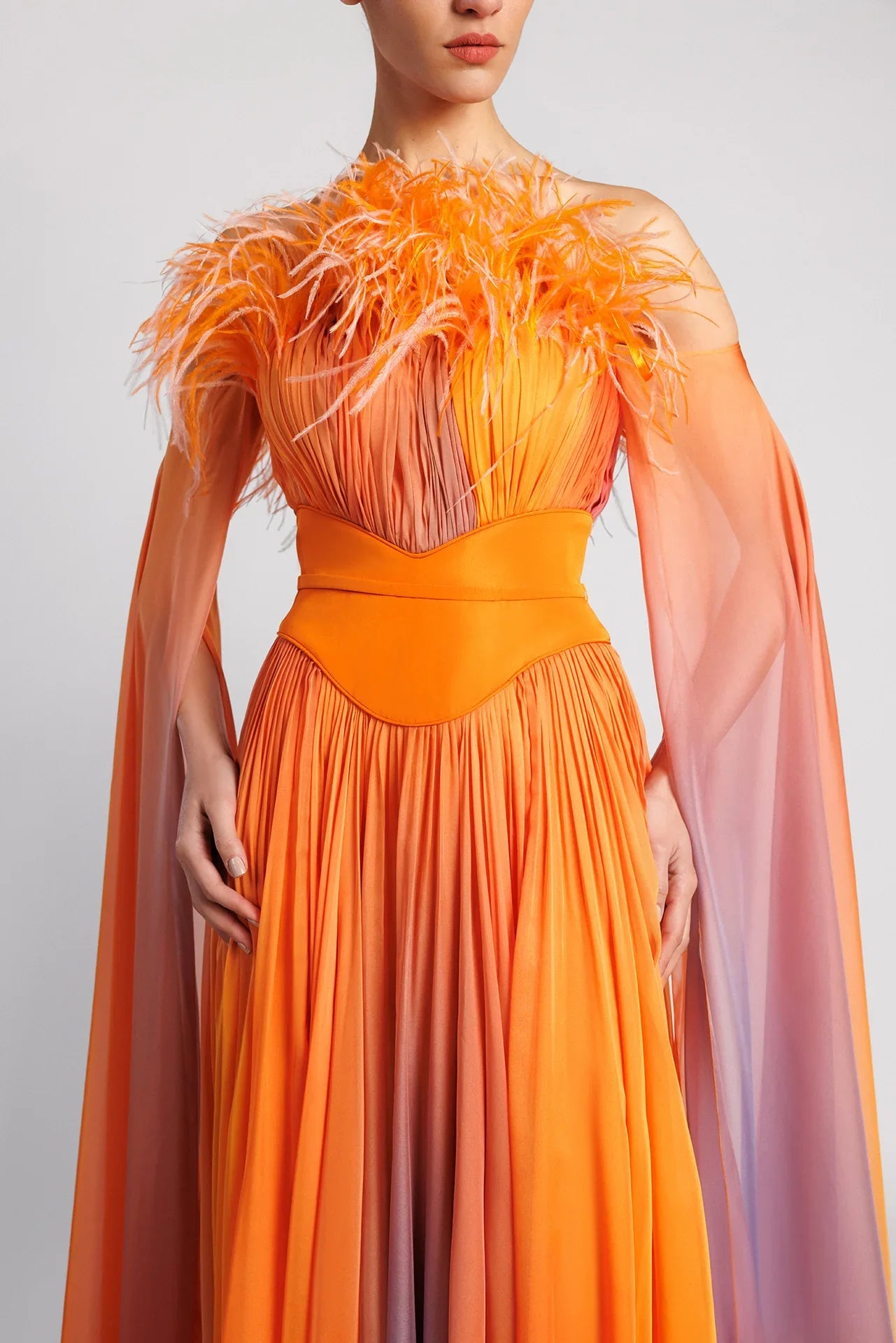 Pleated Off-the-Shoulder Evening Dress with Cape Sleeves and Feathers