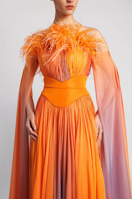 Pleated Off-the-Shoulder Evening Dress with Cape Sleeves and Feathers