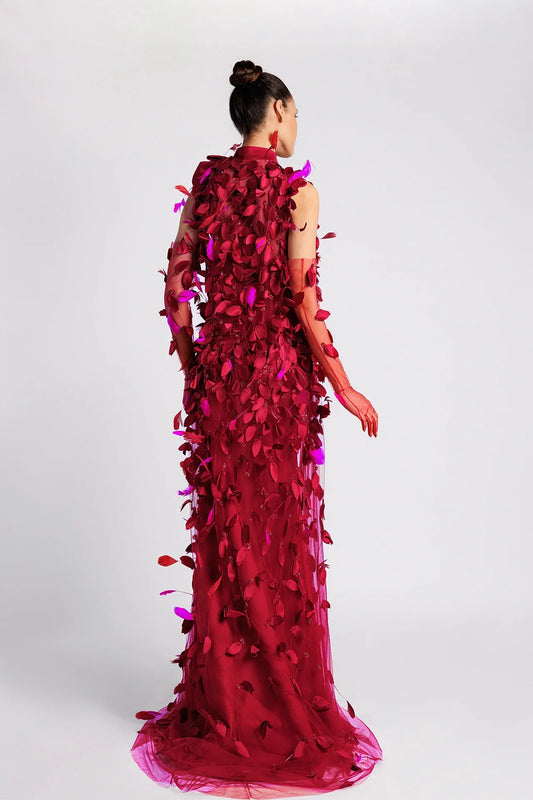 Strapless Mermaid Evening Dress with Draped Petal Kaftan and Tulle Gloves