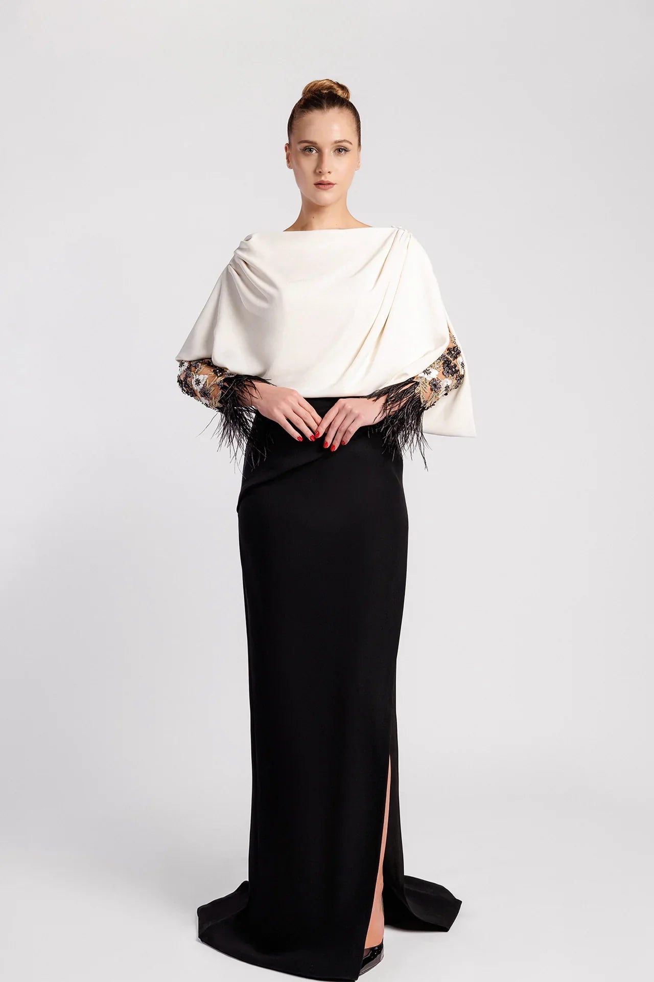 Mermaid Evening Dress with Draped Cape Bodice, Sheer Sleeves and Feathered Cuffs