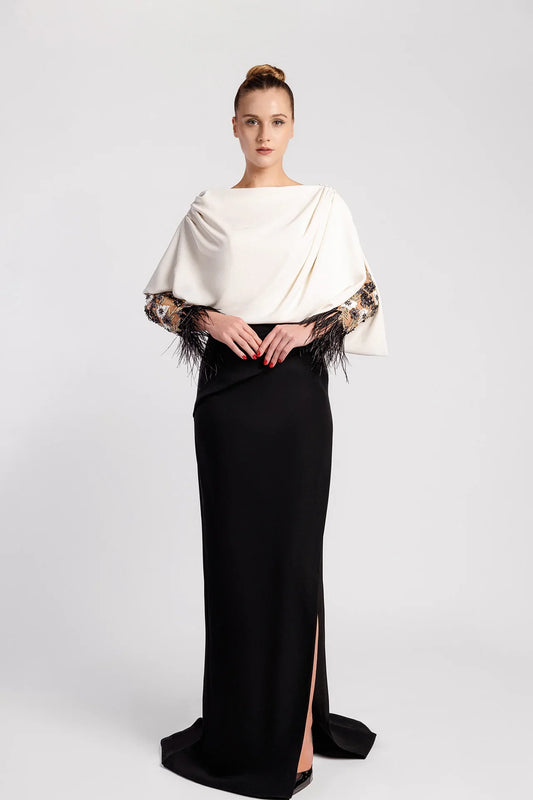 Mermaid Evening Dress with Draped Cape Bodice, Sheer Sleeves and Feathered Cuffs