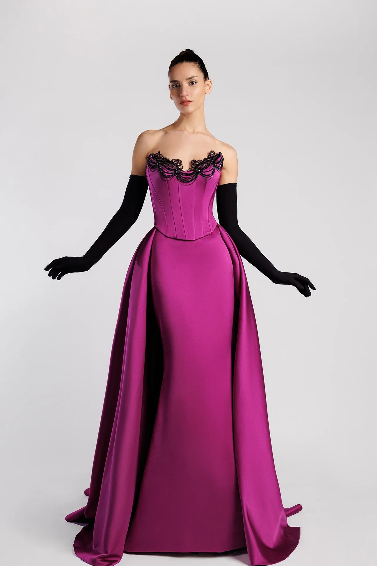 Corset Bodice Mermaid Evening Dress with Beaded Chains and Overskirt