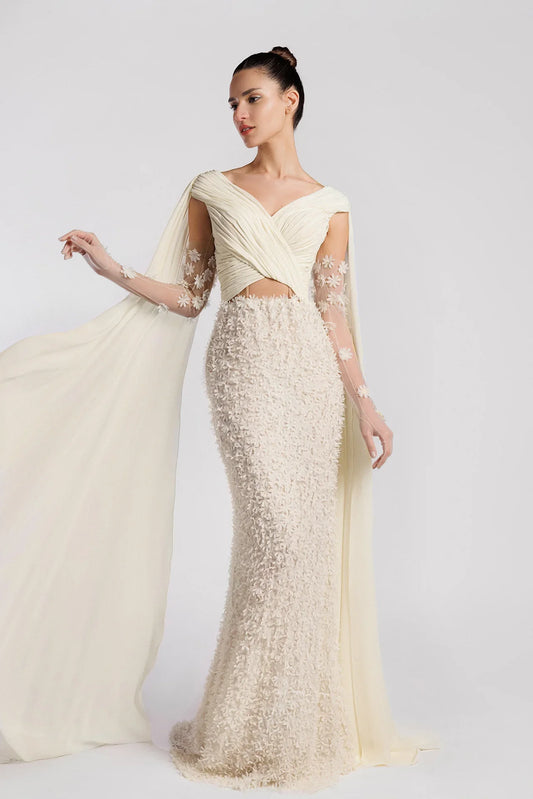 V-Neck Evening Dress with Cape Accents
