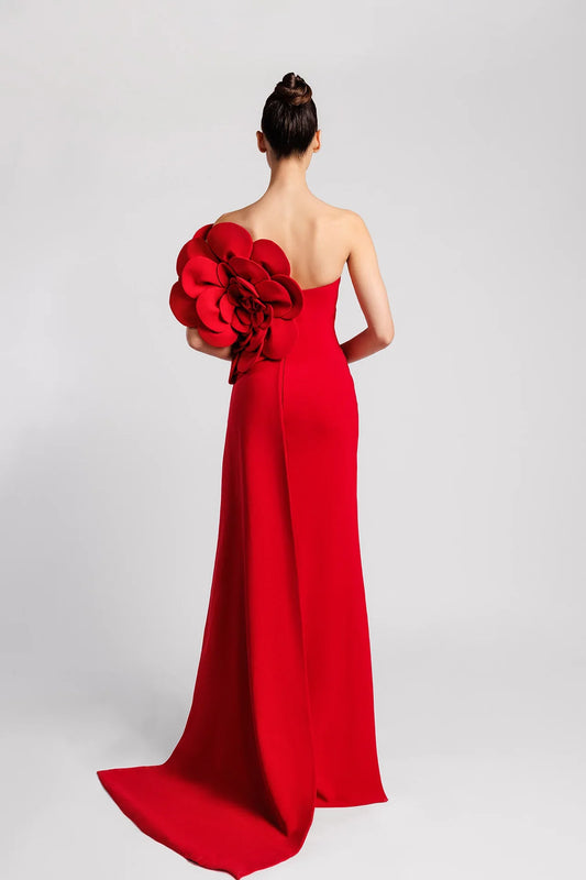 One-Shoulder Evening Dress with Oversized Floral Detail