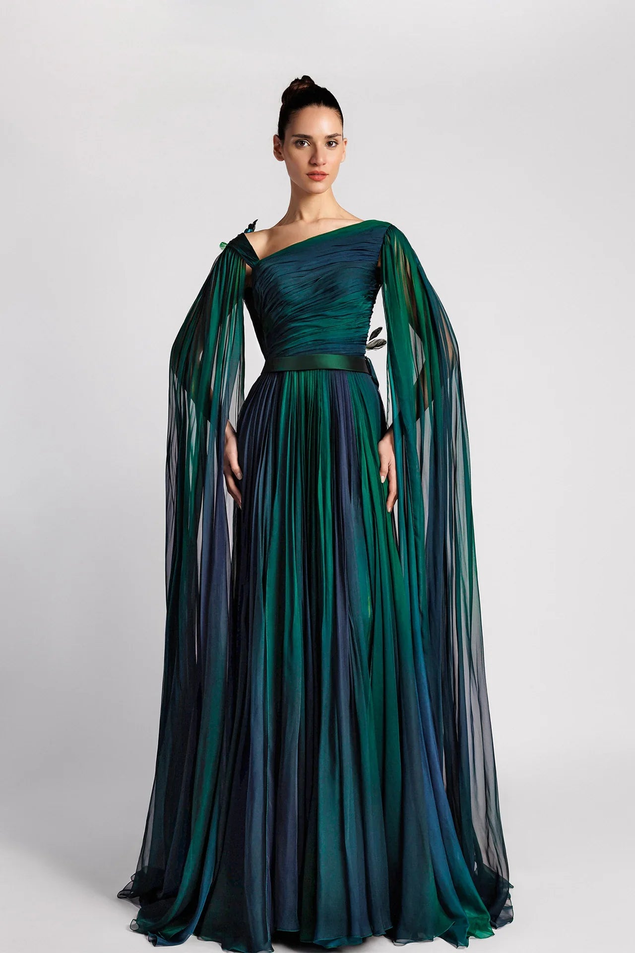 Asymmetric A-Line Dress with Cape Sleeves and Embroidered Tulle Back
