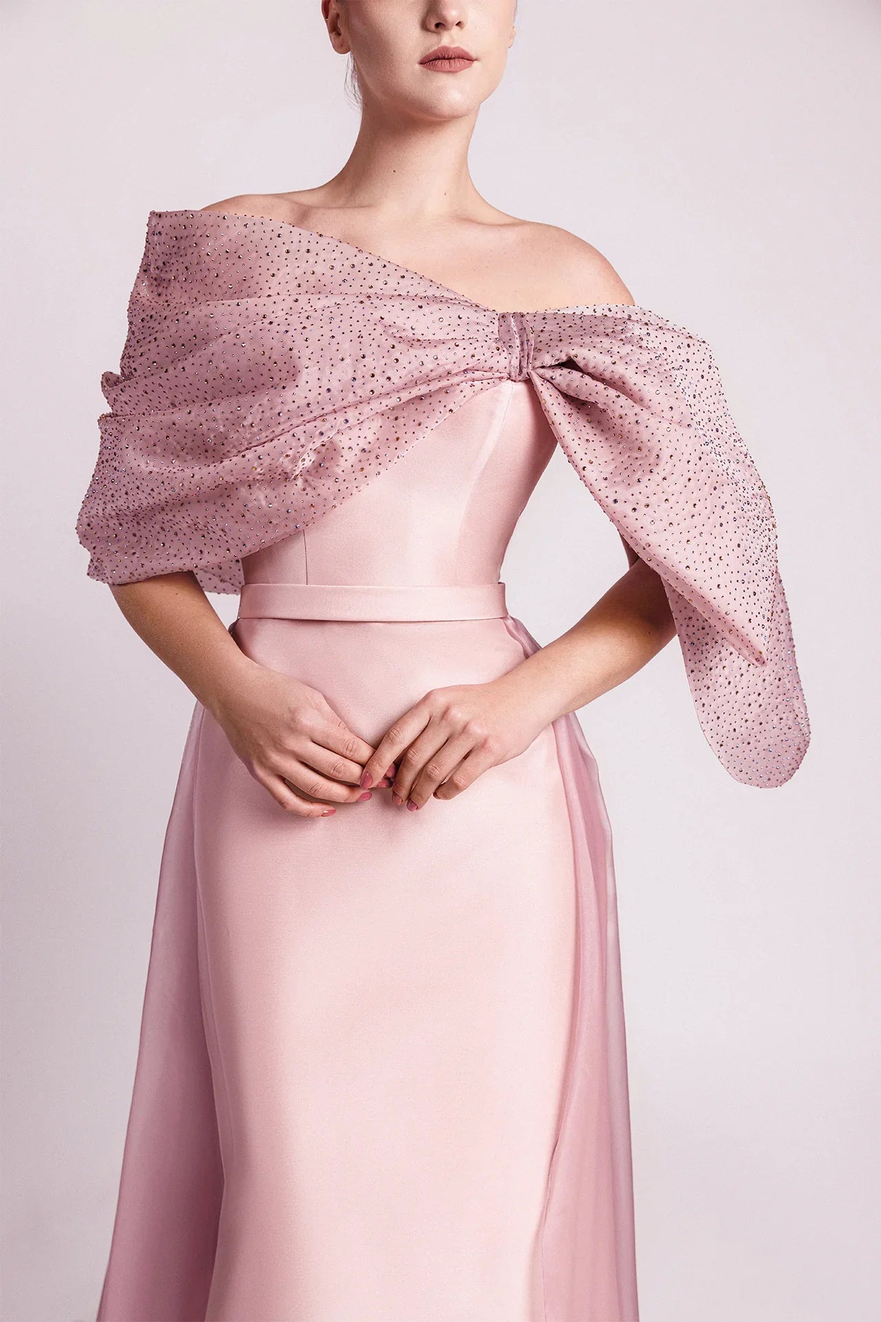 Asymmetric Column Dress with Crystal-Embroidered Bow
