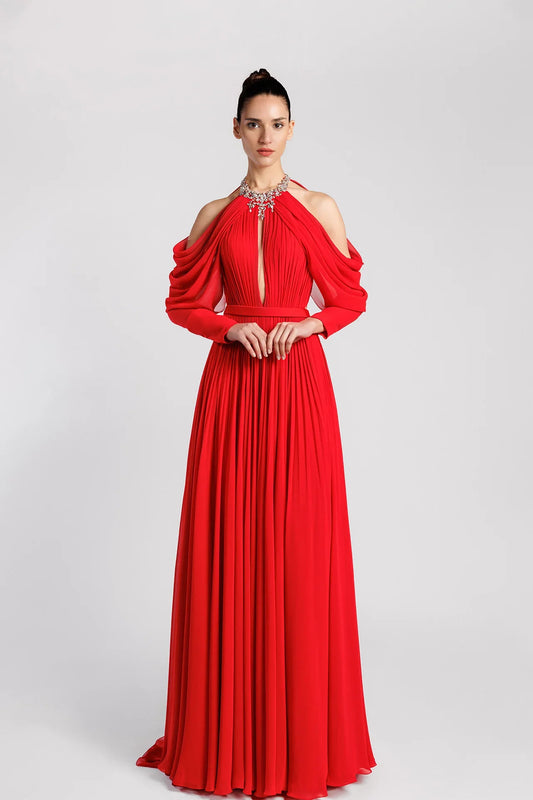 Multi-Neckline A-Line Dress with Crystal Embroidery and Sweep Train