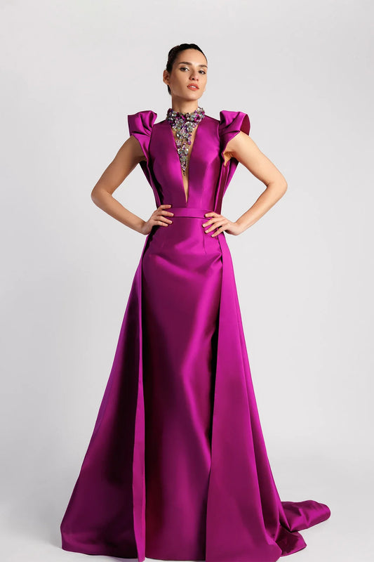 Plunging V-Neck Evening Dress with Ruffled Sleeves and Overskirt