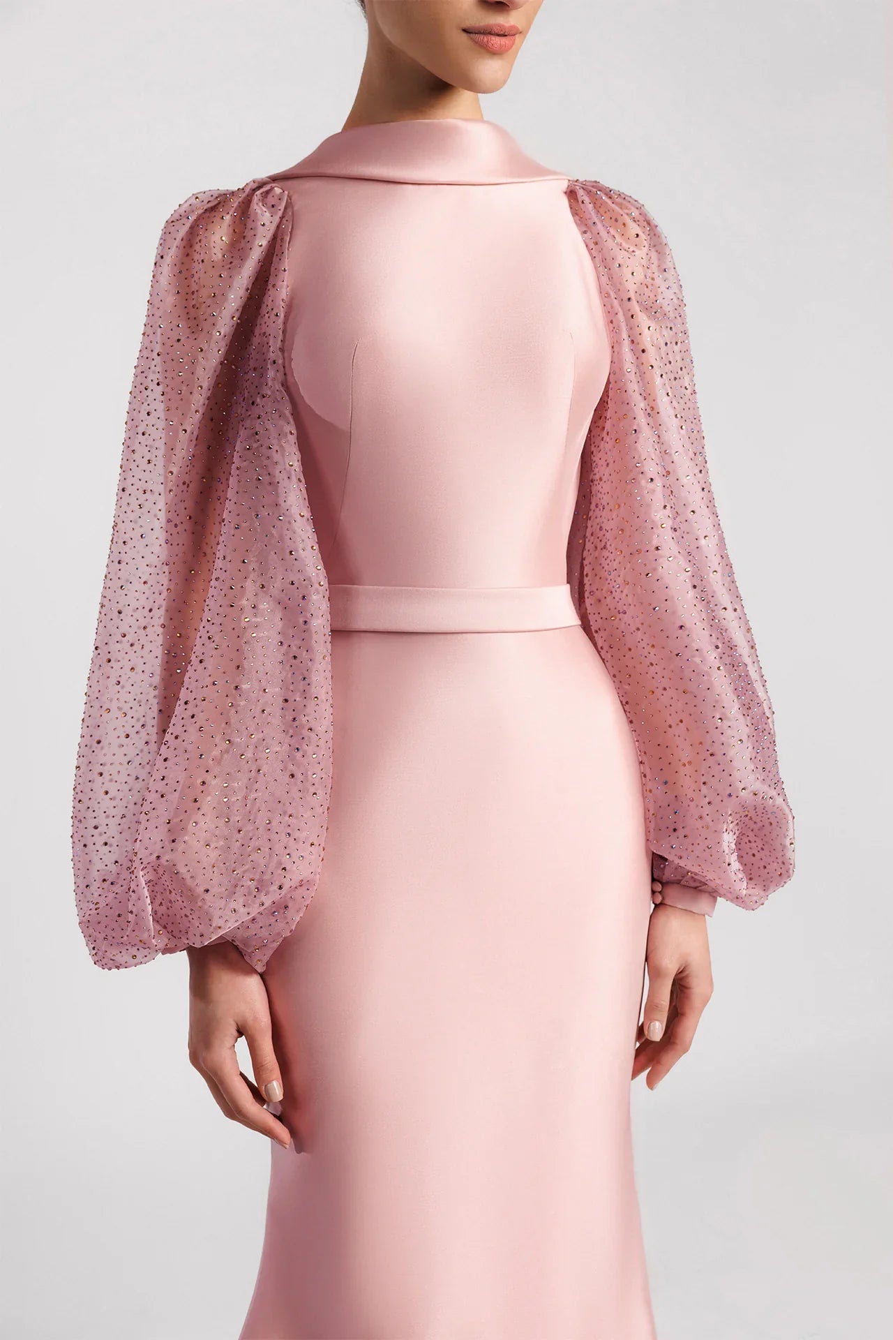 Mermaid Dress with Crystal-Embroidered Bishop Sleeves