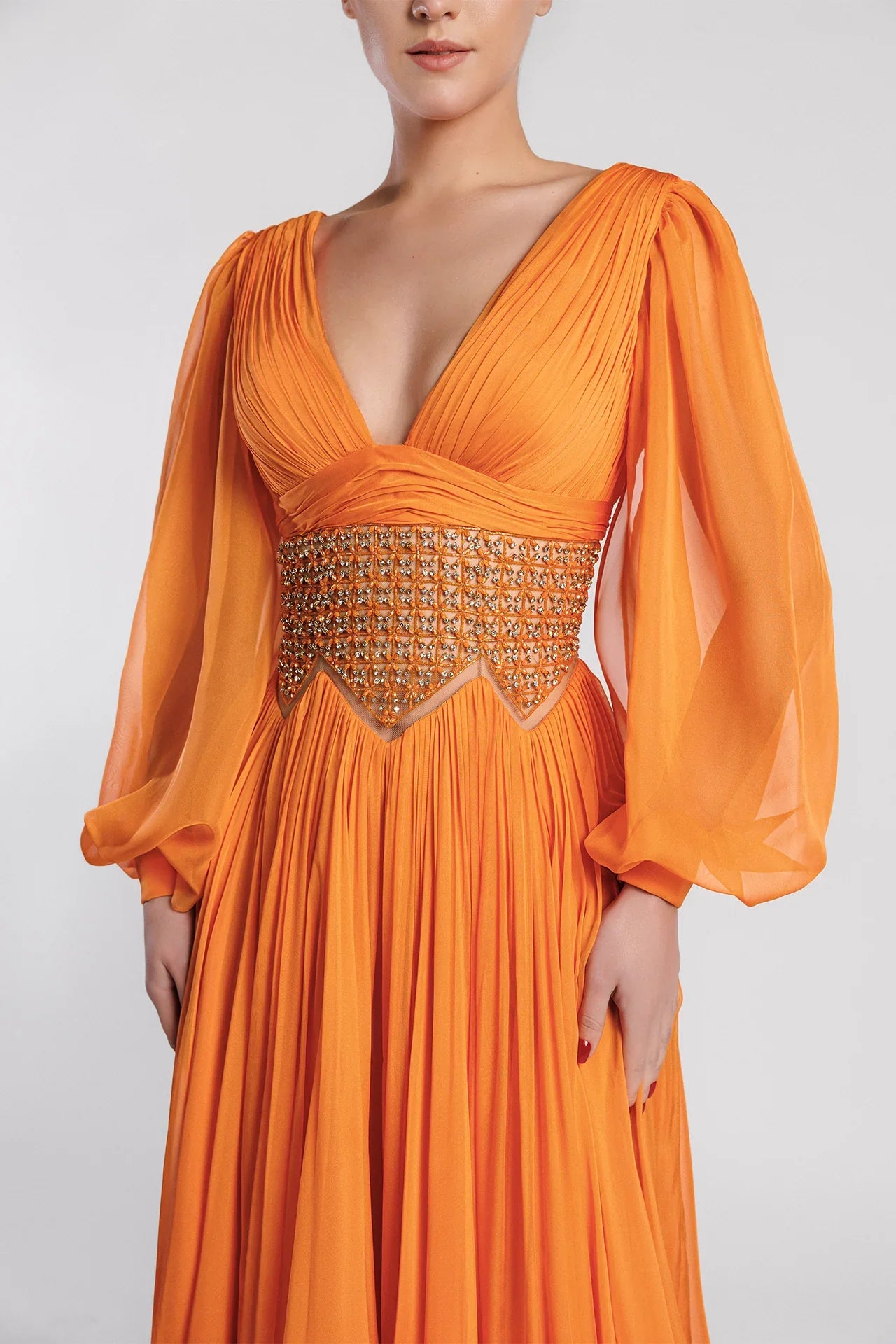 V-Neck Flared Evening Dress with Bishop Sleeves and Open Back