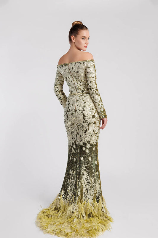 Embroidered Mermaid Evening Dress with Feathered Hem