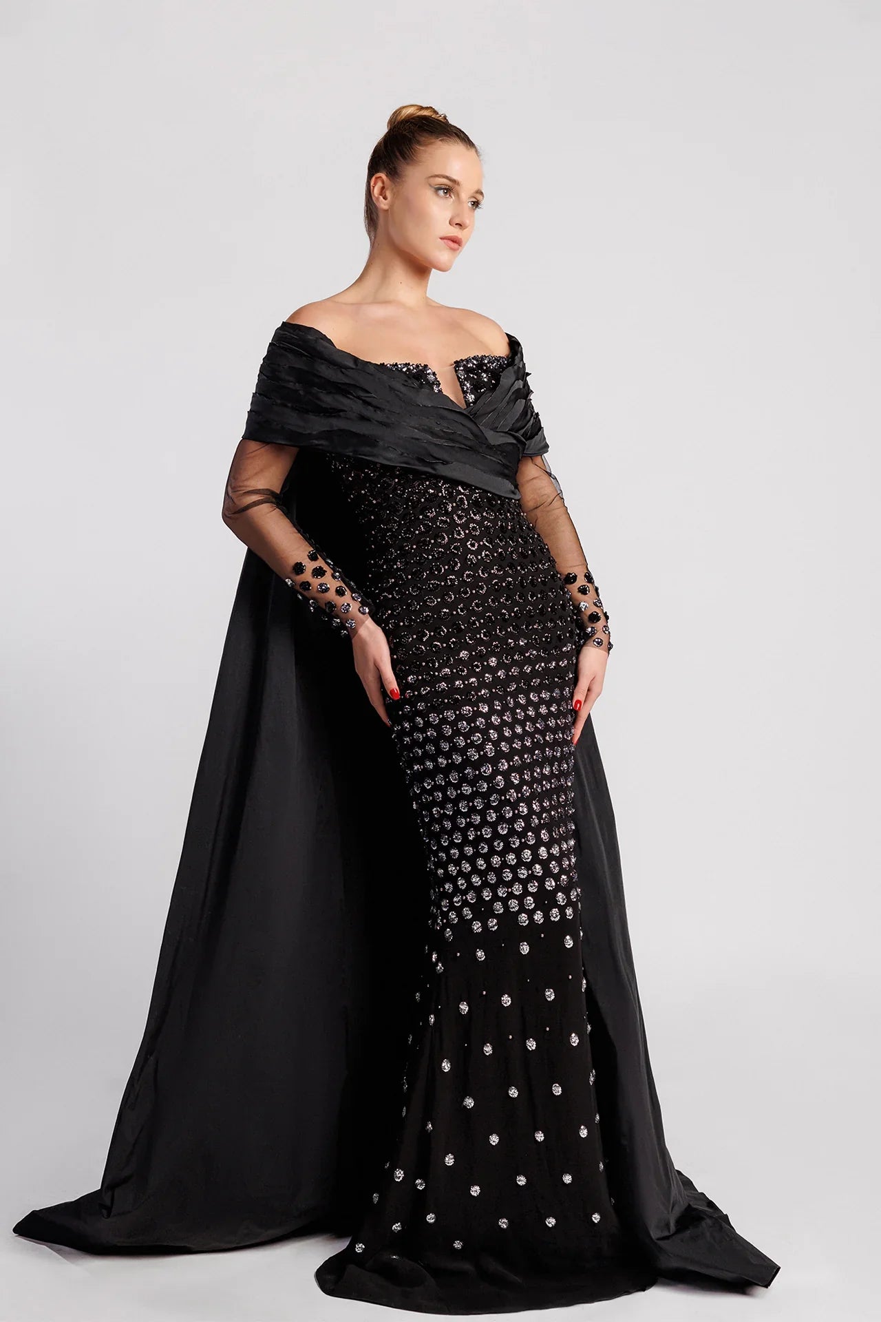 Off-the-Shoulder Evening Dress with Sequin-Embroidered Sleeves
