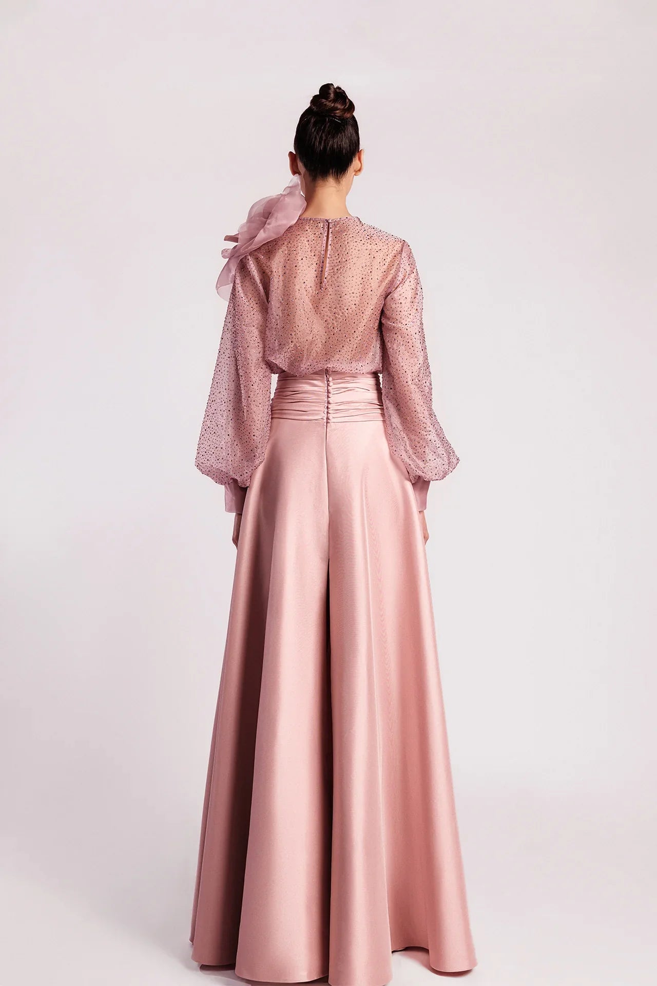 Jewel Neck Blouse with Pleated A-Line Skirt
