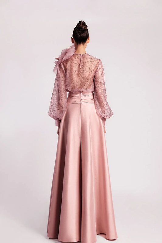Jewel Neck Blouse with Pleated A-Line Skirt