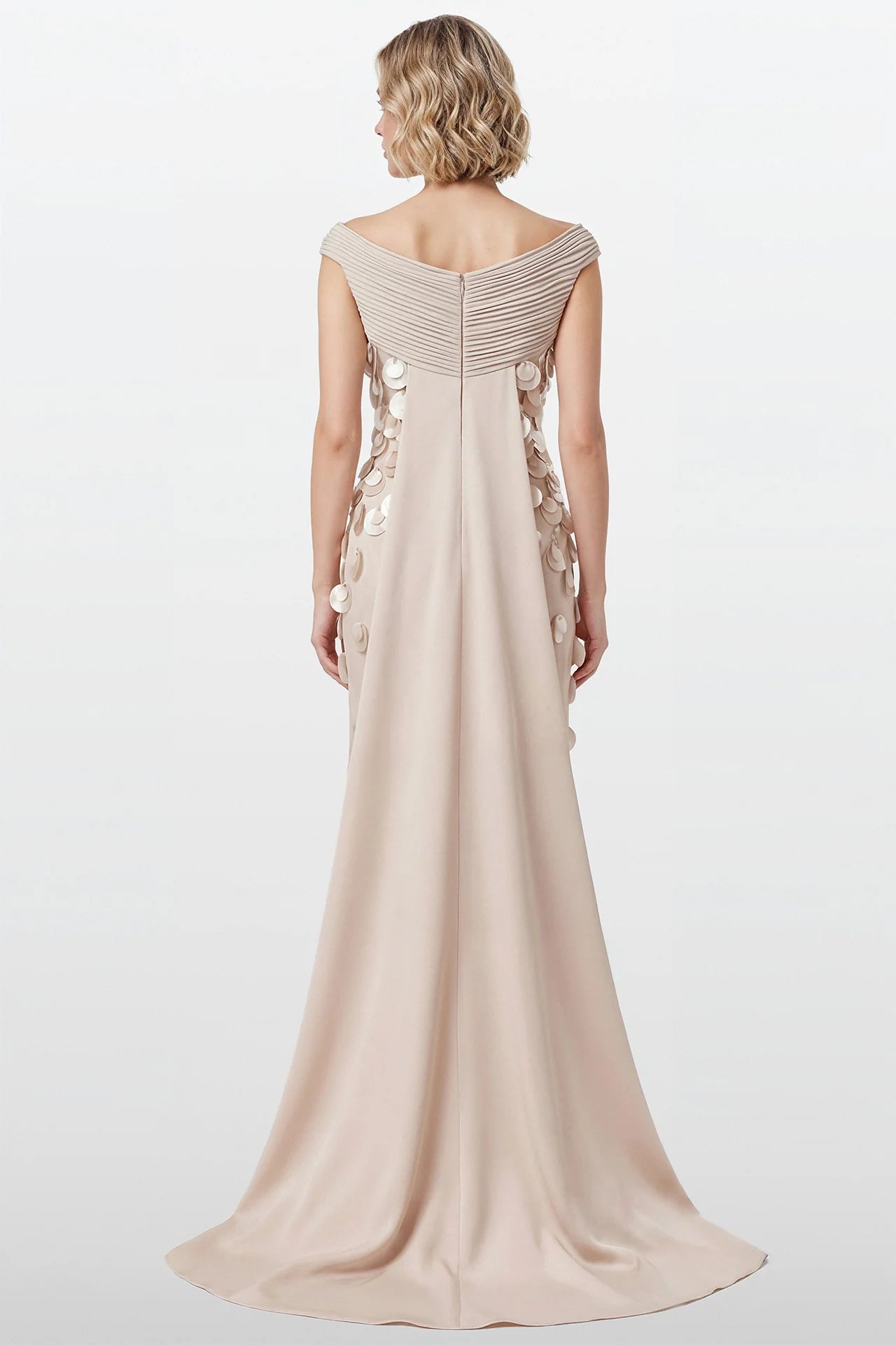 Off-Shoulder Crepe Gown with Disc Appliqués