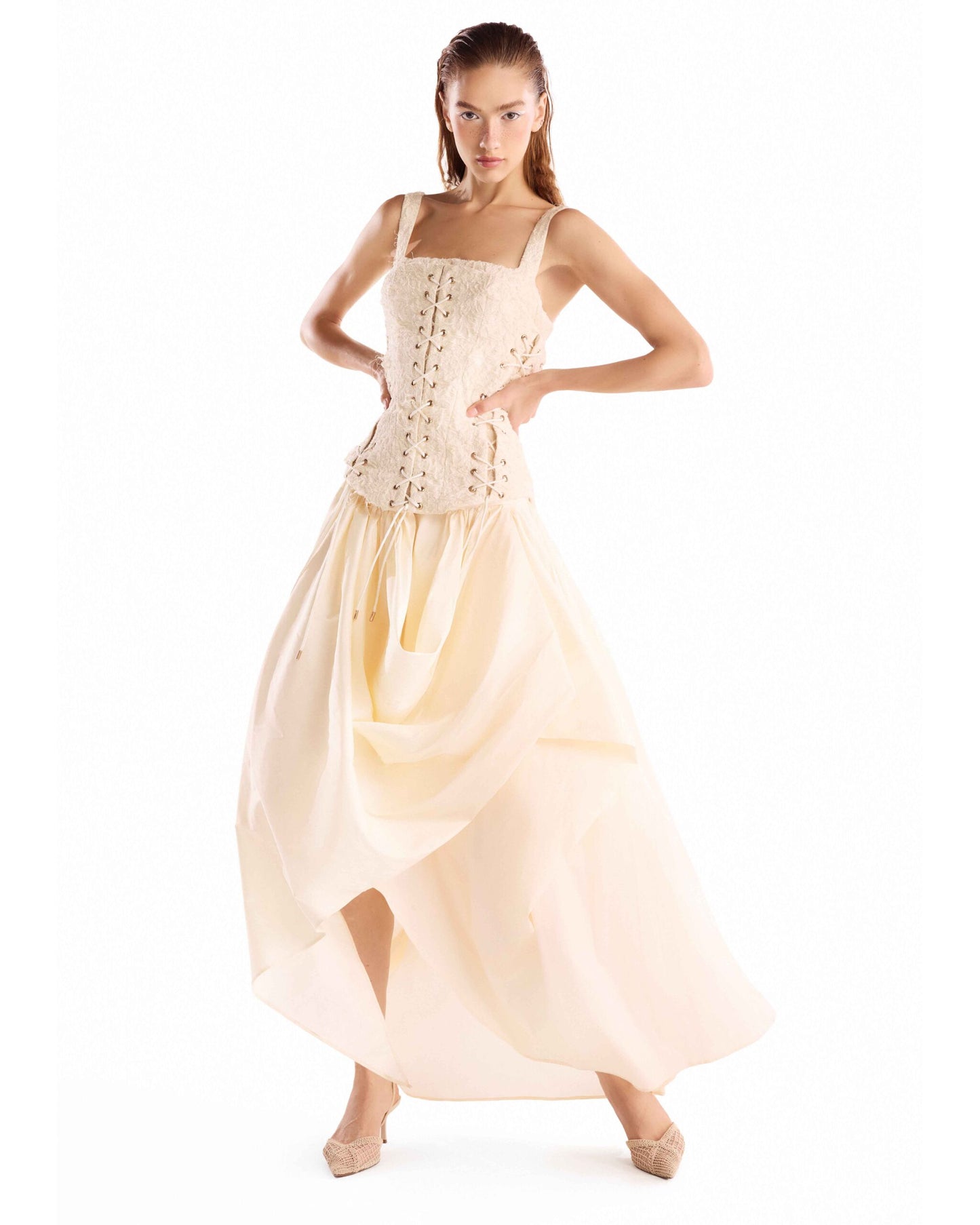 Creamy Jacquard Corseted Draped Taffeta Dress