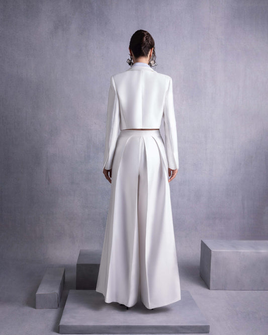 Wide-Leg Piqué Pants with Pleated Front Detailing
