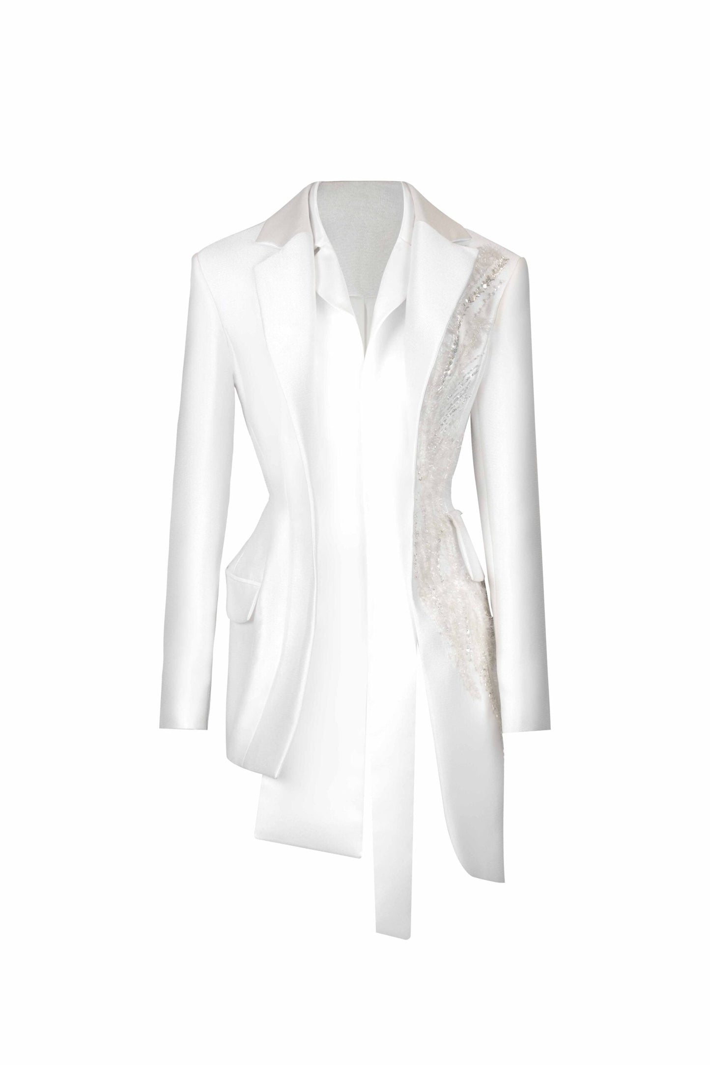 Asymmetric Off-White Mikado Jacket with Feathered Lace Embellishment