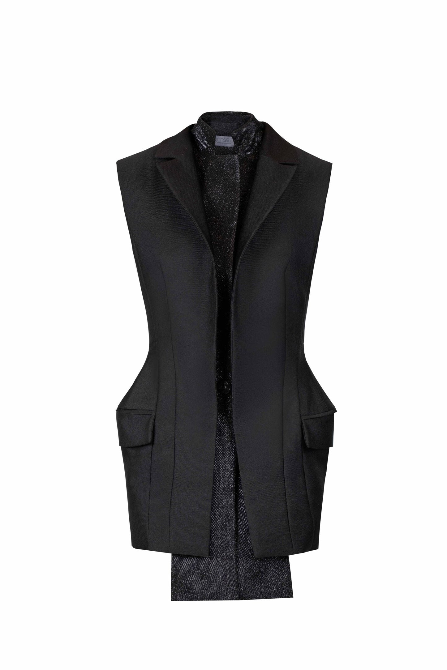 Sleeveless Mikado Jacket with Shimmery Lamé Collar