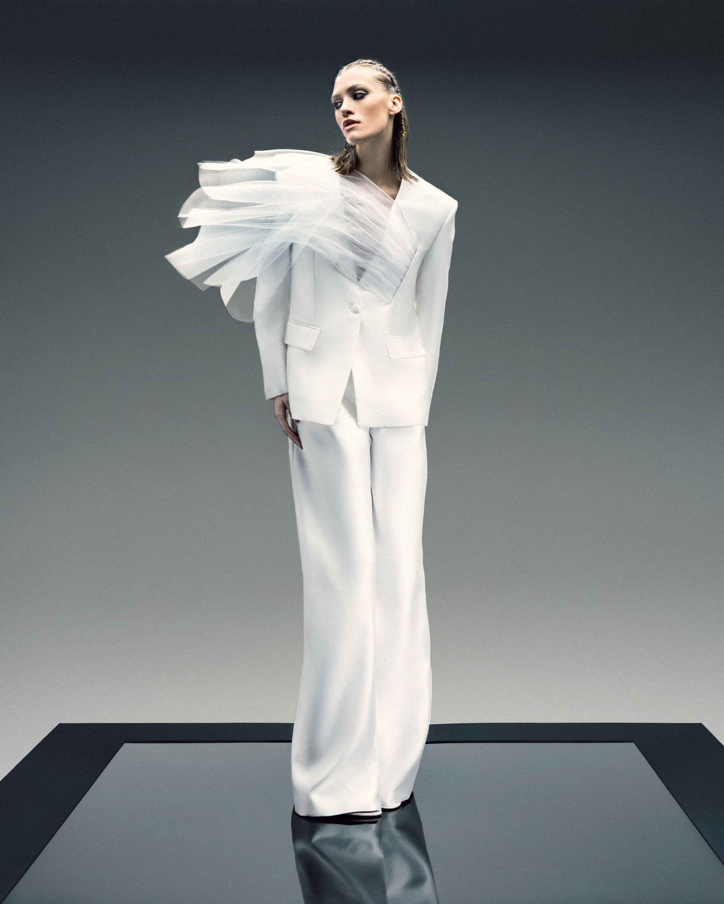 Asymmetric Tulle Burst Jacket in Mikado Piqué