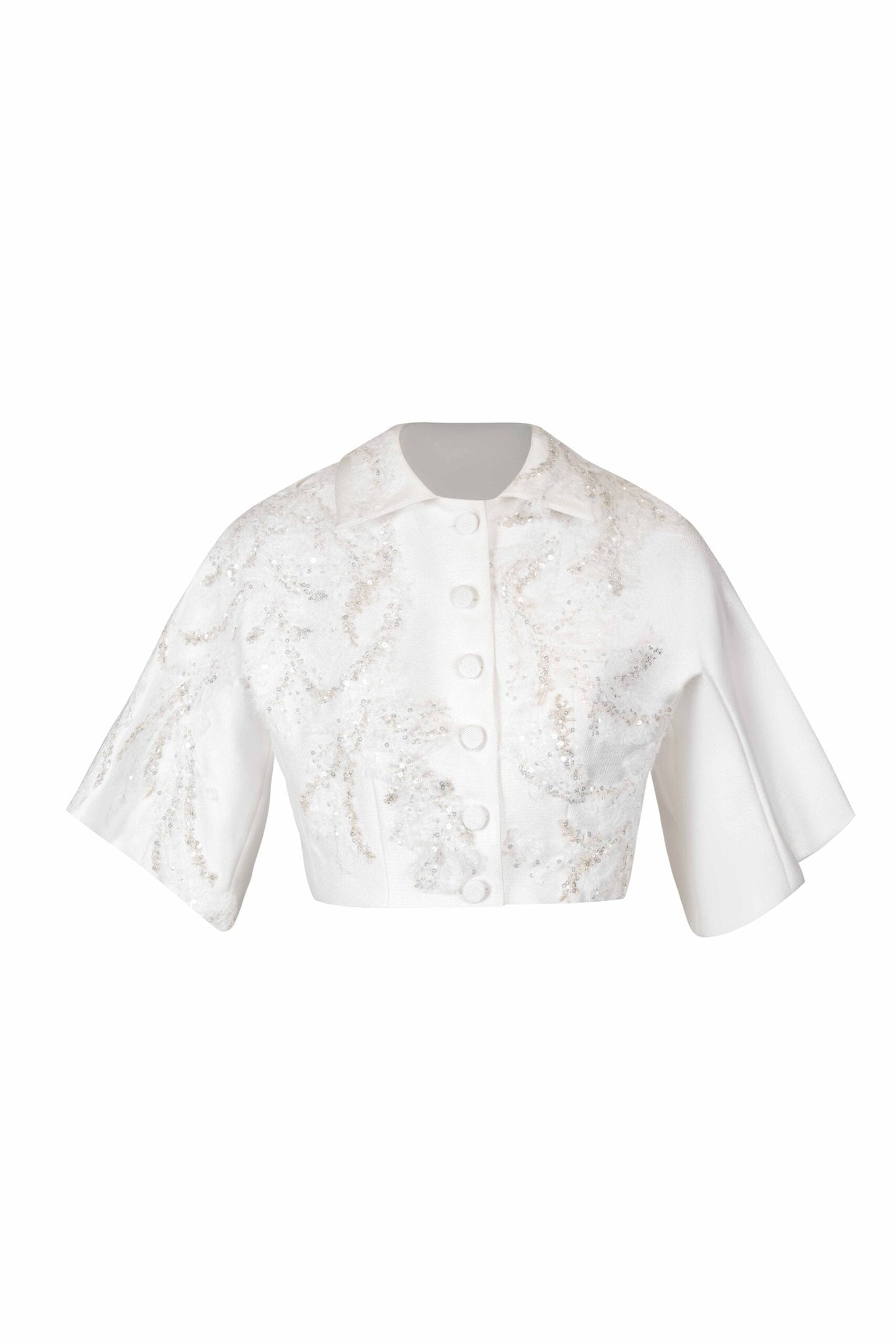 Ivory Embroidered Cropped Jacket with Wide Short  Sleeves