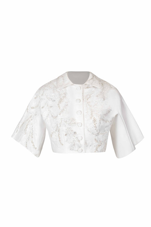 Ivory Embroidered Cropped Jacket with Wide Short  Sleeves
