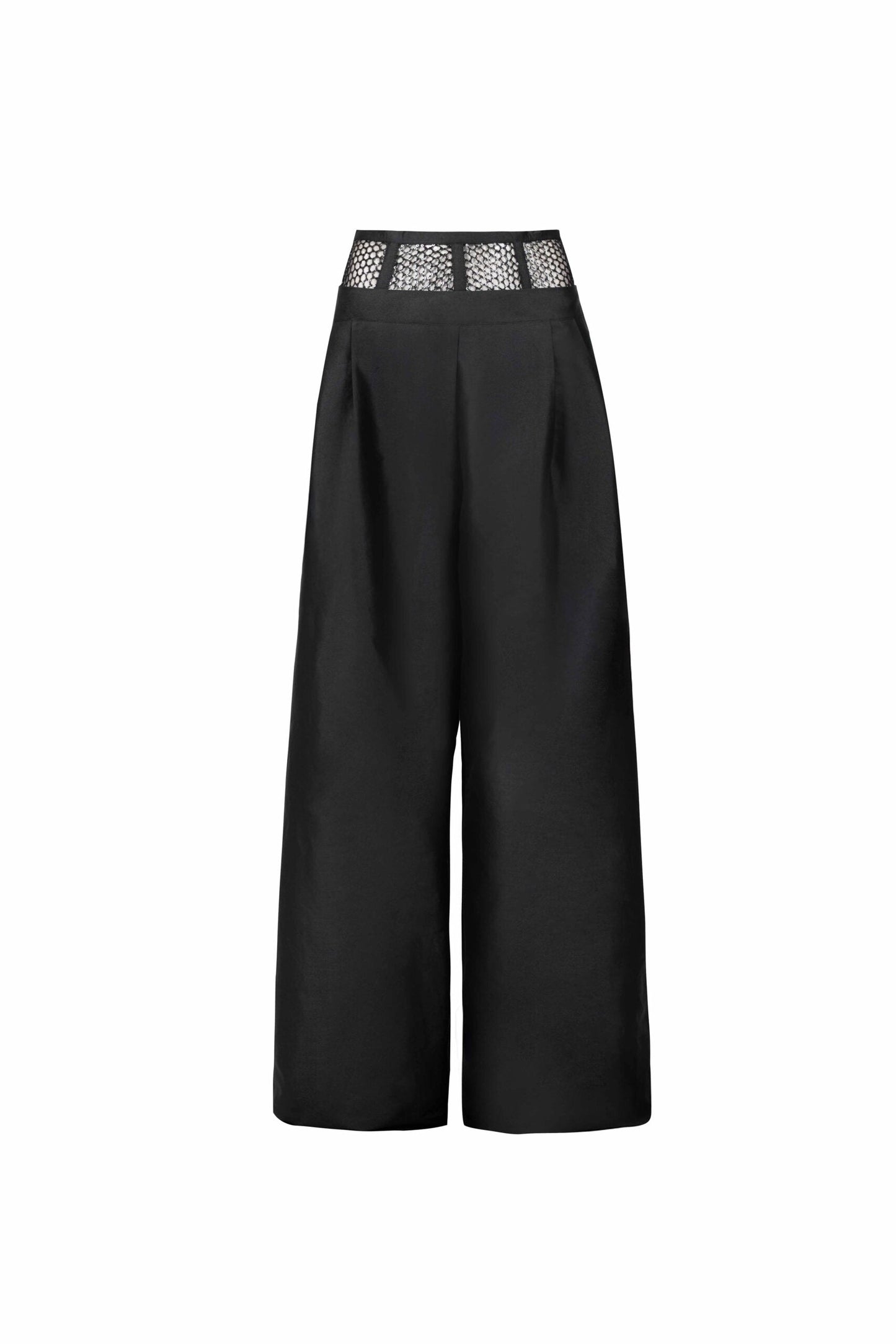 Mesh Waist Wide-Leg Black Taffeta Pants
