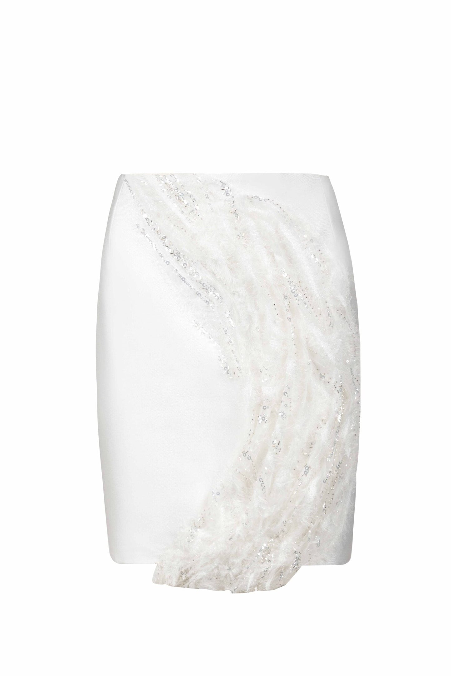 Asymmetric Mikado Skirt with Feathered Lace Overlay