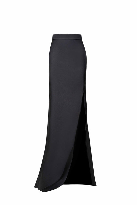 Layered High-Slit Black Mikado Column Skirt