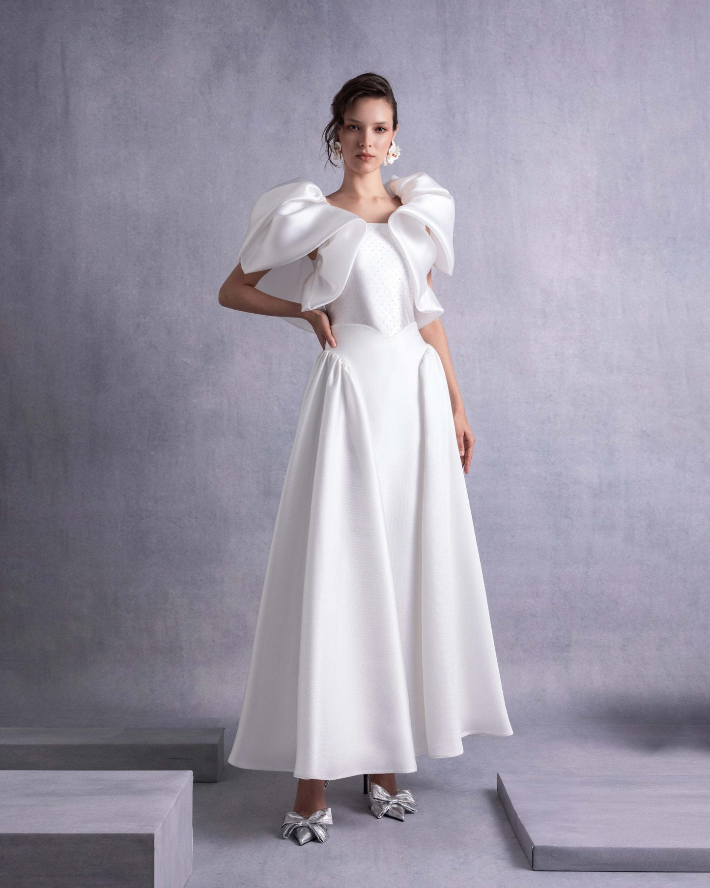 High-Waisted Off-White Flared Piqué Midi Skirt