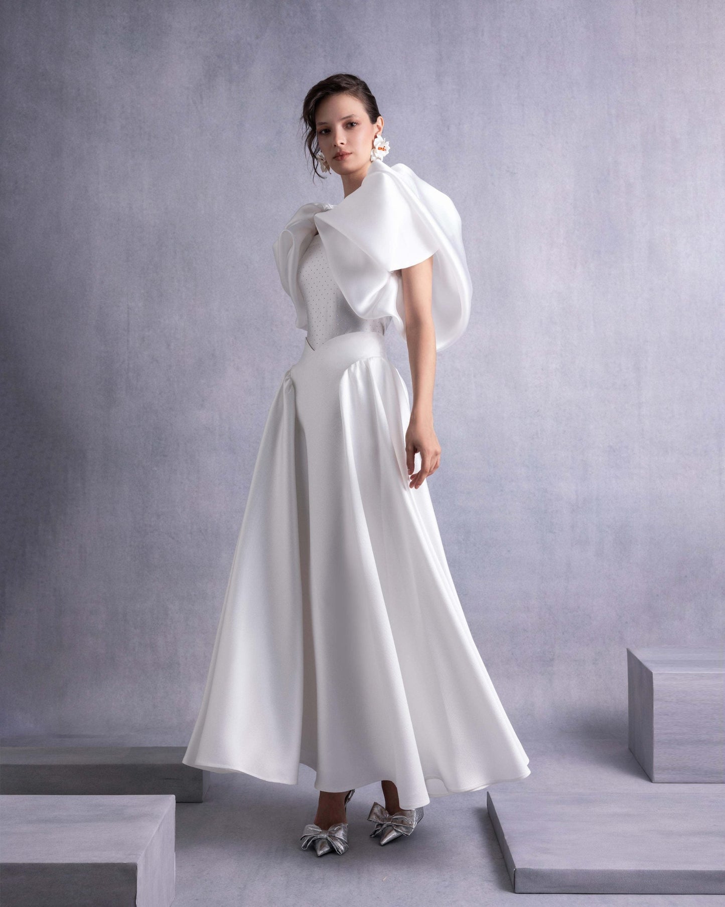 High-Waisted Off-White Flared Piqué Midi Skirt