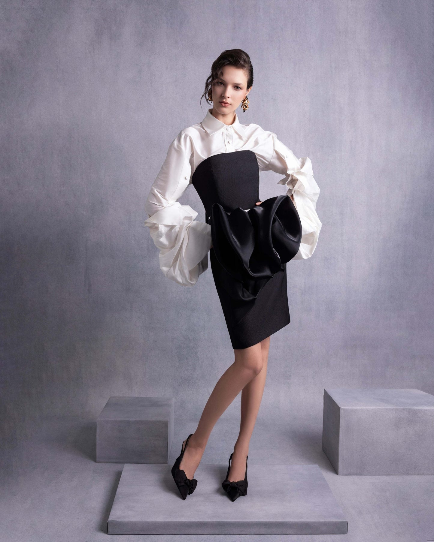 Elegant Black Piqué Skirt with Sculptural Organza Manipulation