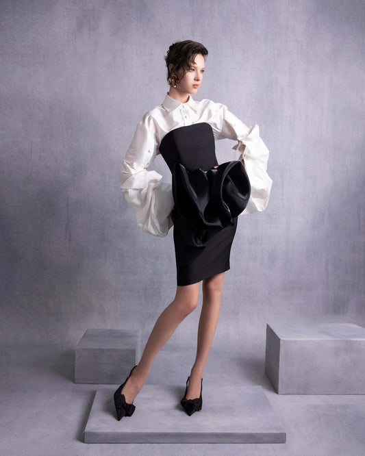 Elegant Black Piqué Skirt with Sculptural Organza Manipulation