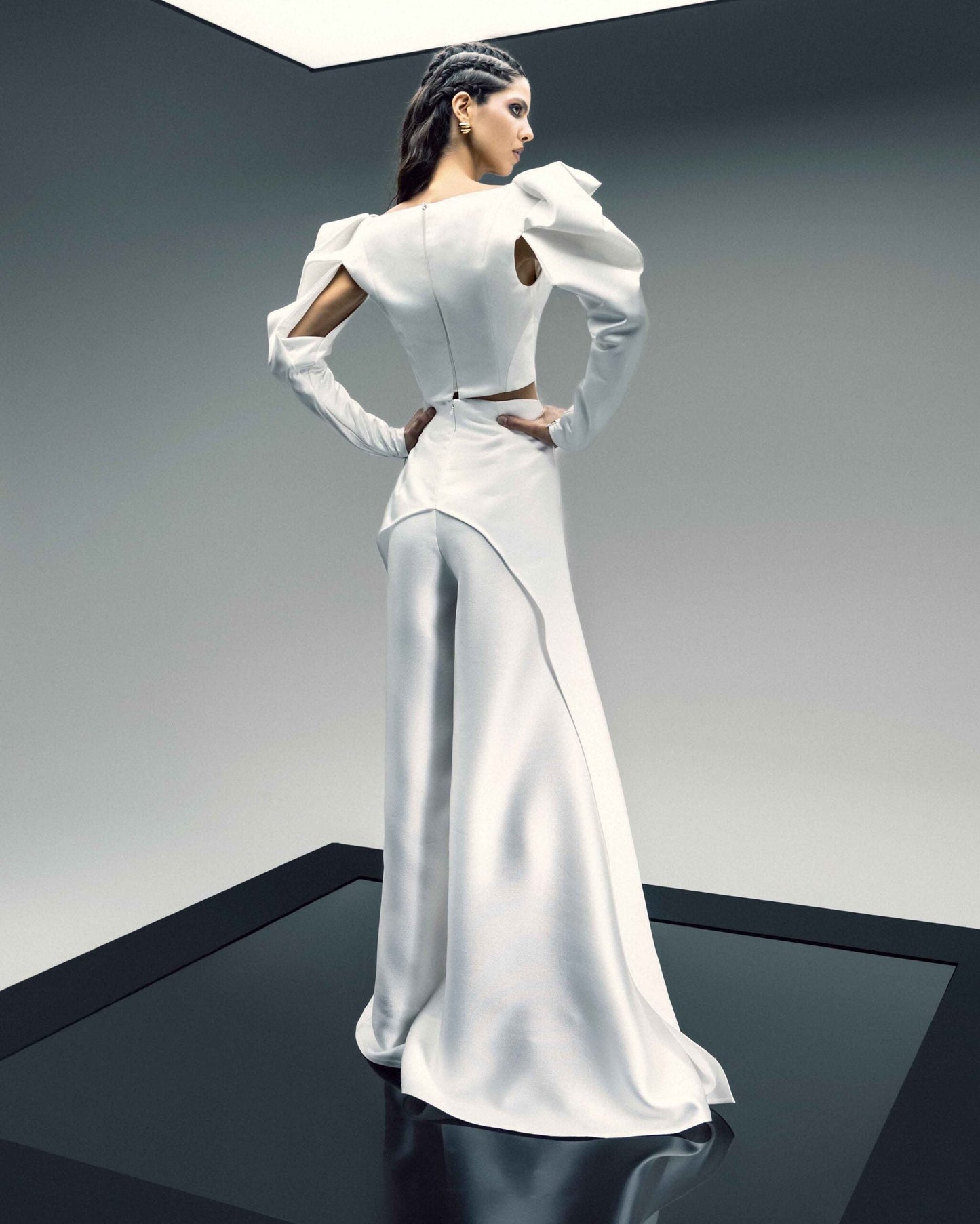 Wide Leg High-Slited Mikado Piquê Trousers