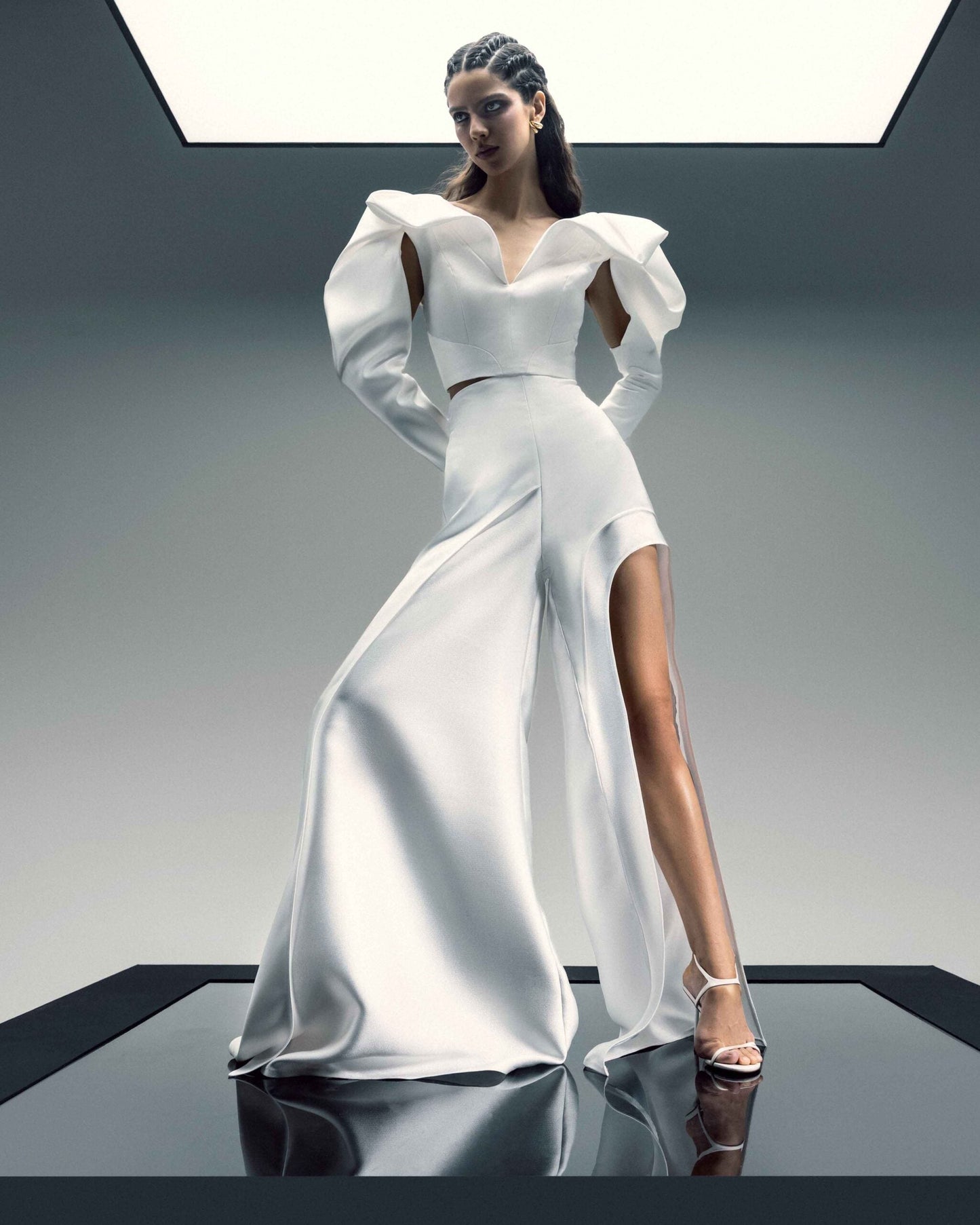 Wide Leg High-Slited Mikado Piquê Trousers