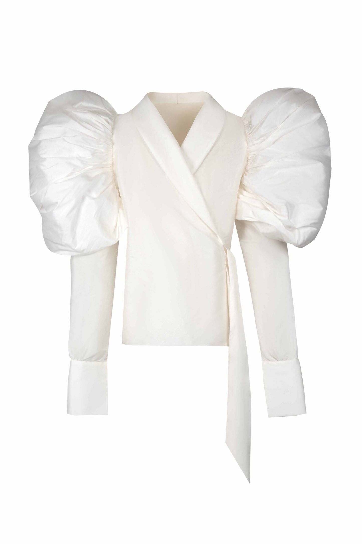 Voluminous Puff-Sleeve Wrap Taffeta Blouse