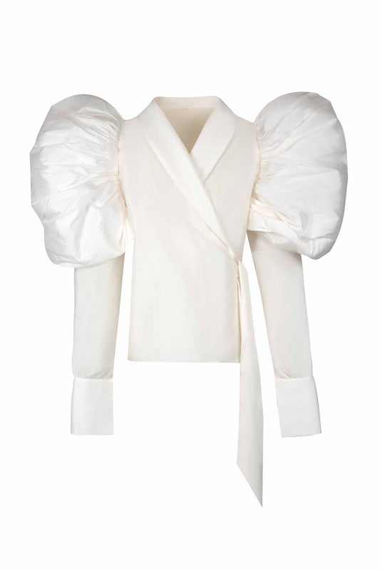 Voluminous Puff-Sleeve Wrap Taffeta Blouse