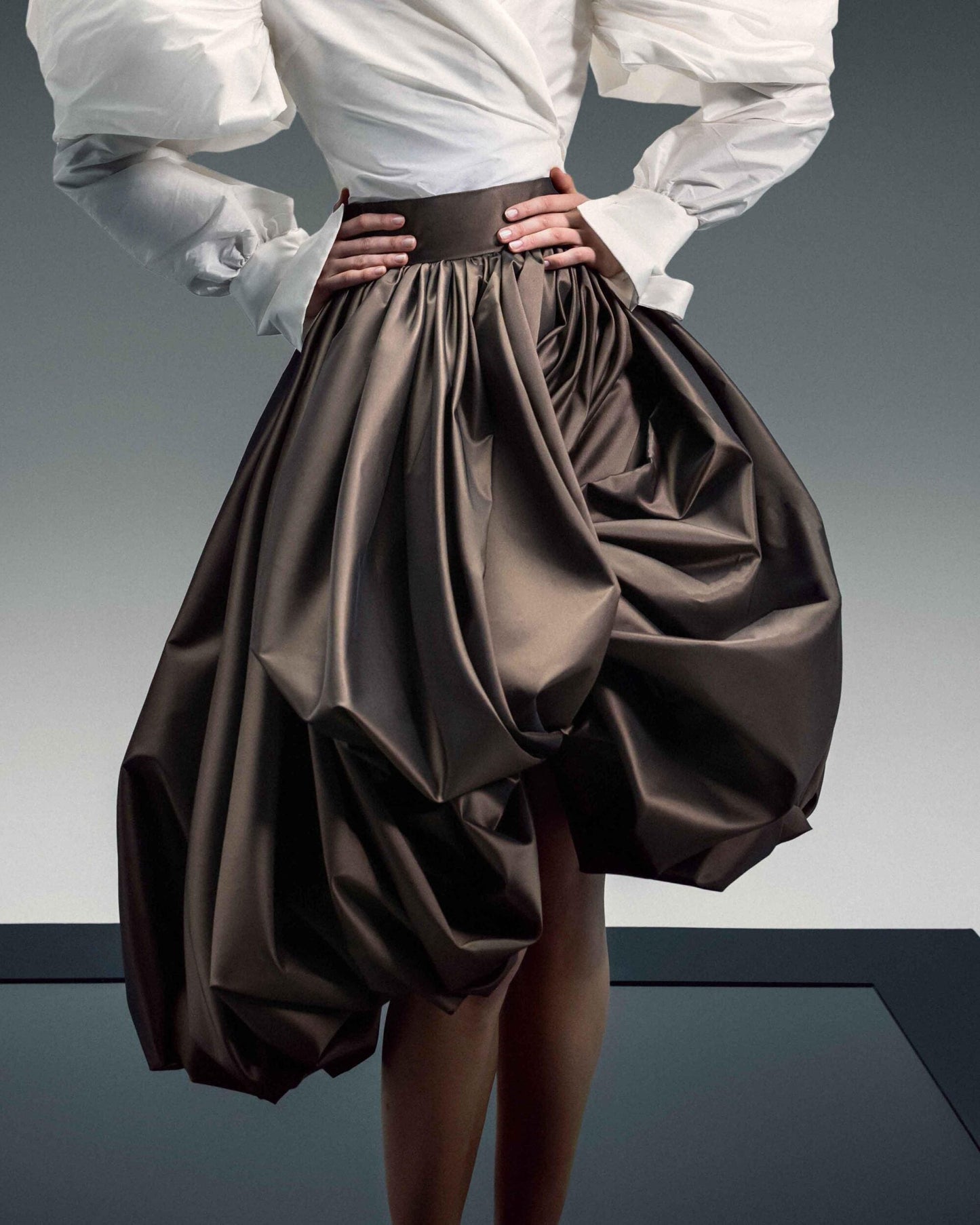 Sculptural Balloon Taffeta Midi Skirt