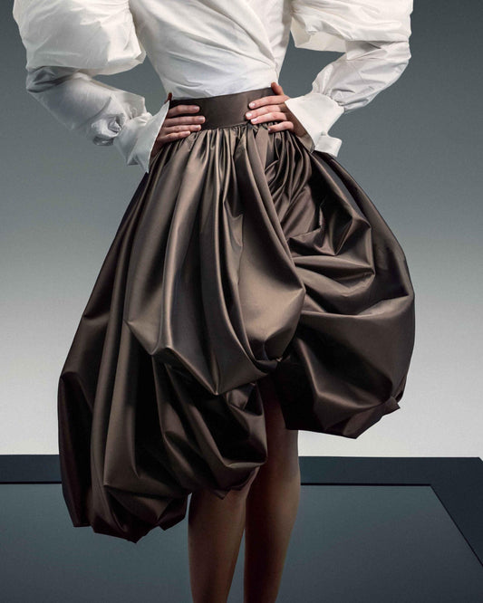 Sculptural Balloon Taffeta Midi Skirt