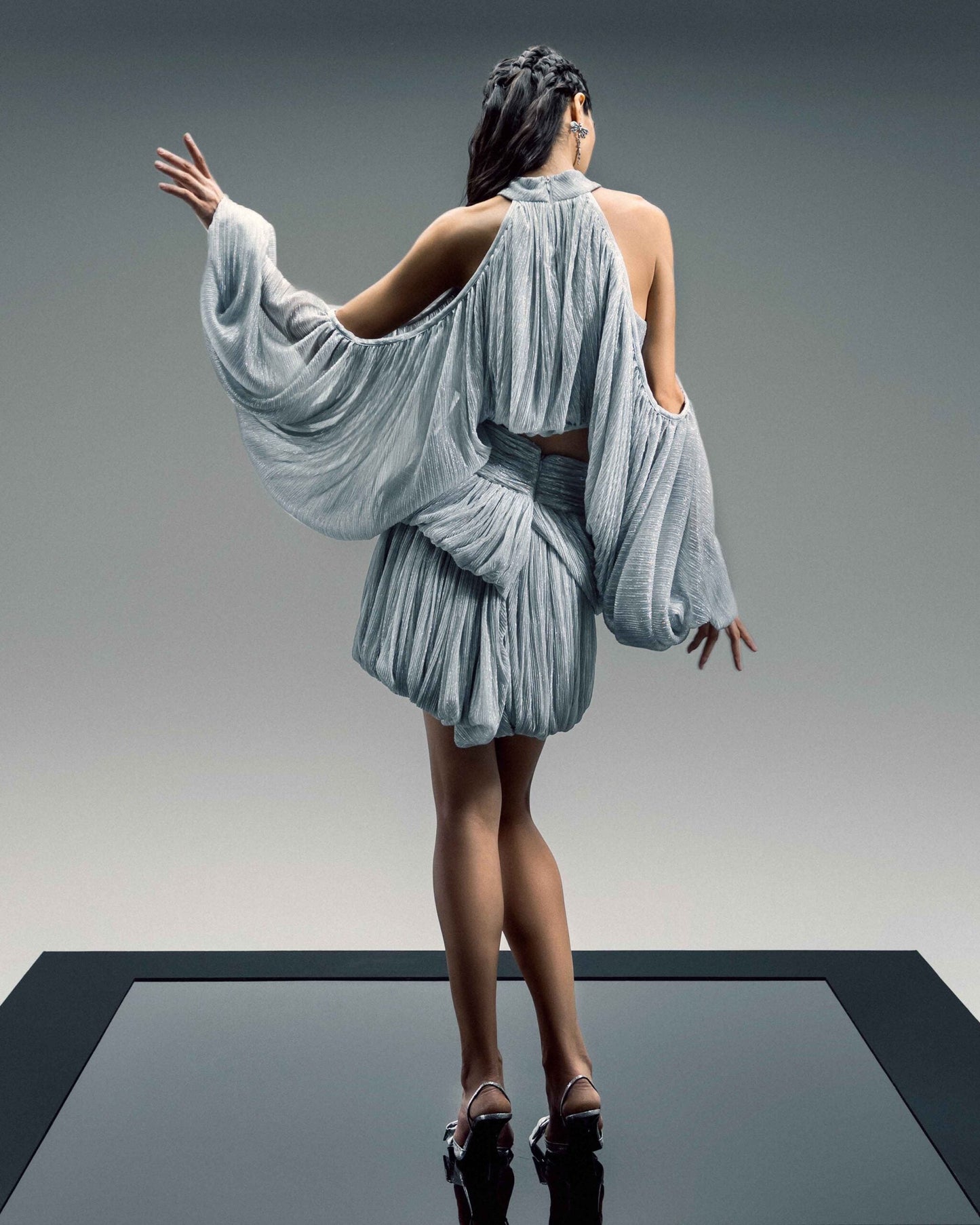 Silver Lamé Blouson  with Shoulder Cutouts