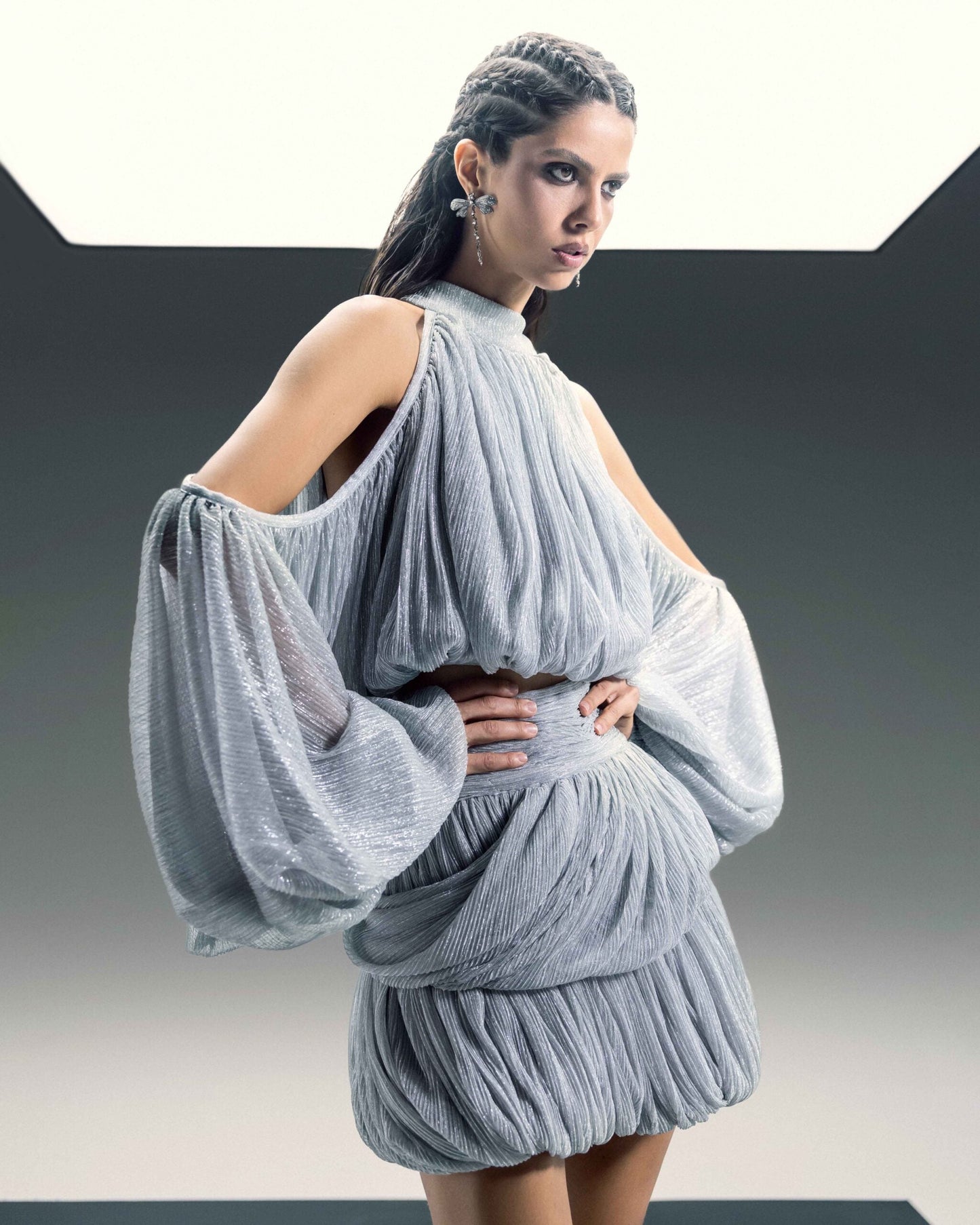 Silver Lamé Blouson  with Shoulder Cutouts