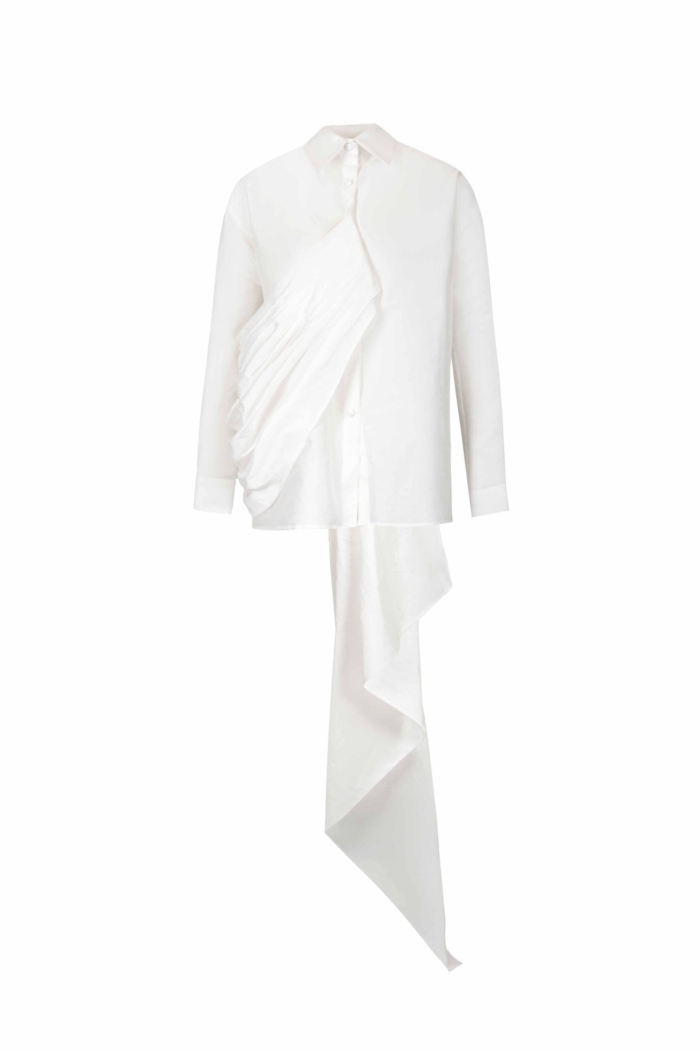 White Draped Taffeta Blouse with Front-to-Back Train Detail