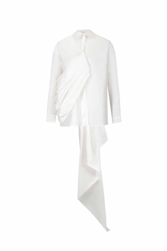 White Draped Taffeta Blouse with Front-to-Back Train Detail