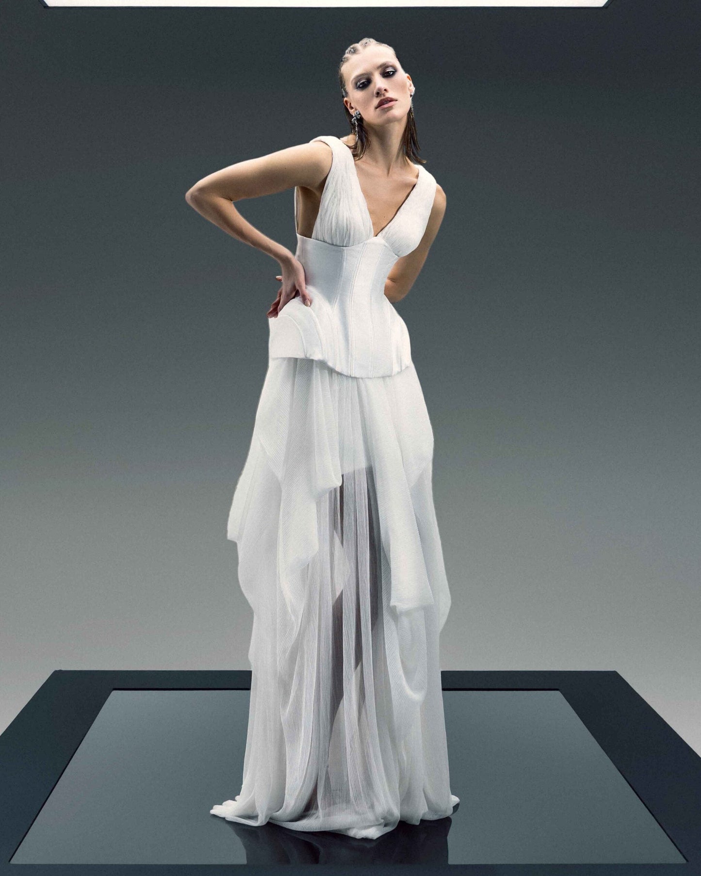 Pleated Chiffon, Sculpted Mikado Piqué Top